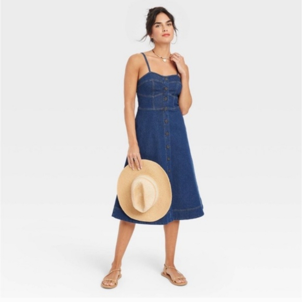 Universal Thread Denim Midi Corset Dress Dark Wash - Picture 2 of 8